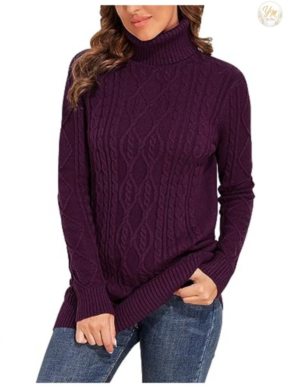 Women's Plus Size Turtleneck Cable Knit Tunic Sweater Cozy Long Sleeve Pullover